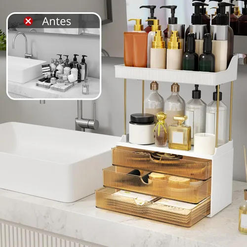 Vista 4 de StorBin Organizador de maquillaje de 3 cajones grandes, organizador de encimera de baño de 5 niveles y almacenamiento, organizador versátil