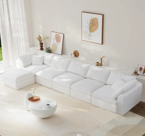 Vista 19 de Sofá modular de nube sin hueso de 108 pulgadas con asiento profundo para sala de estar, sofá en forma de L con otomana, tela de copo de nieve y Negro