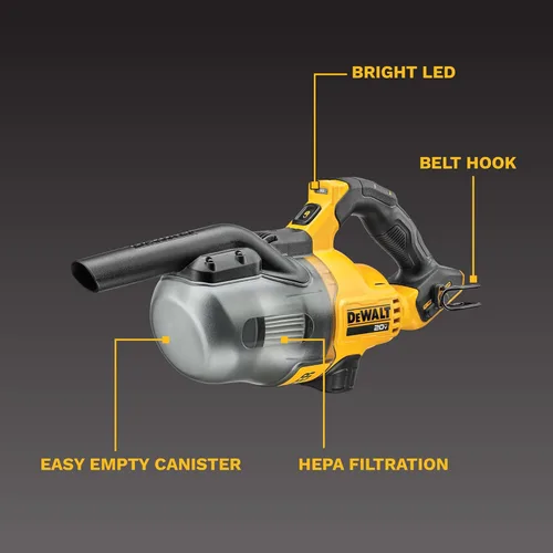 Vista 3 de DEWALT Aspiradora de Mano Inalámbrica de 20V, Aspiradora para Automóvil con Filtro HEPA, 6 Accesorios y Luz LED, Alto Rendimiento Solo en Seco