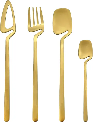 Vista 10 de Juego de cubiertos dorados mate, 20 piezas de cubiertos de acero inoxidable 304 colgantes para 4, juego de utensilios de cocina con acabado Oro