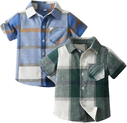 Vista 8 de Feidoog Paquete de 2 camisas a cuadros de manga corta con botones para bebés y niños pequeños Marrón+azul oscuro