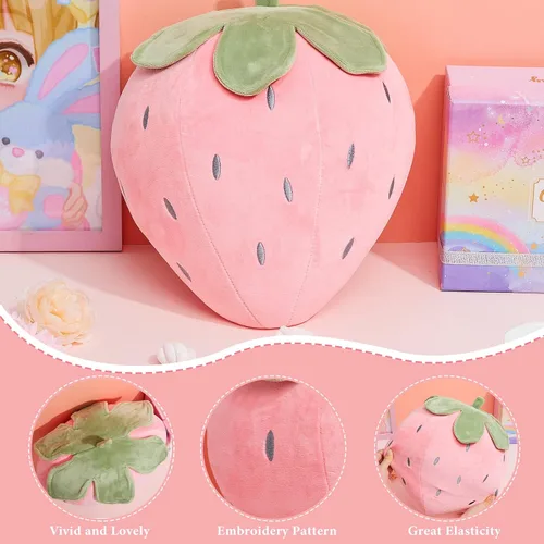 Vista 3 de Juexica 2 piezas de almohada de fresa de 15.7 pulgadas 9.8 pulgadas, almohada de felpa de fruta, suave decoración de dormitorio de fresa kawaii