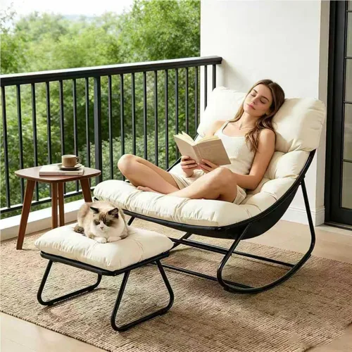 Vista 10 de Mecedora para interiores, cómoda silla de patio, mecedora con otomana y marco de metal resistente, sillas de balcón con cojín grueso, silla mecedora