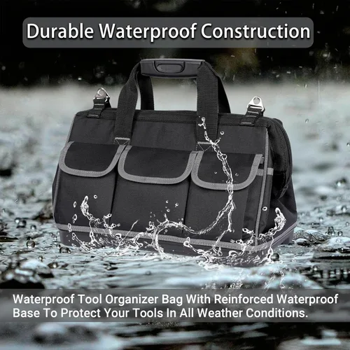 Vista 5 de Bolsa de herramientas resistente con 16 bolsillos, organizador de herramientas impermeable de 16 pulgadas con base reforzada, correa de hombro