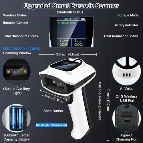 Vista 3 de KUIIYER Escáner de Código de Barras 1D QR 2D, Escáneres de Código de Barras Bluetooth Inalámbricos con Teclado de Configuración y Pantalla LCD y Voz