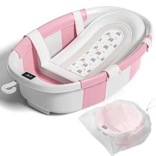Vista 10 de Bañera plegable para bebés, bañeras para bebés recién nacidos con cojín suave y termómetro y bolsa de malla organizadora de juguetes, bañera