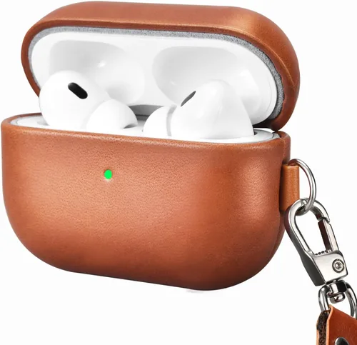 Vista 12 de ICARERFAMILY Funda de cuero para AirPods Pro 2 (2022), funda protectora de cuero genuino a prueba de golpes para AirPods Pro 2 auriculares estuche