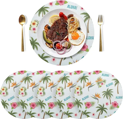 Vista 3 de Tropical Palm Hibiscus White Round Table Placemats, Heat Resistant Non Slip Washable Table Mats Set for Kitchen one sizex6