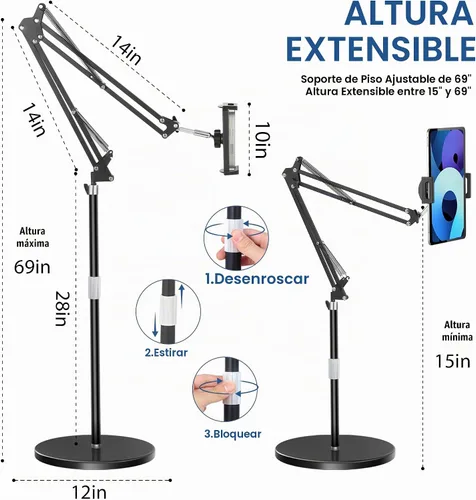 Vista 8 de Soporte de piso para tablet con base estable de 12 libras, soporte para teléfono iPad con brazo elástico de altura ajustable para iPad Pro Air Mini