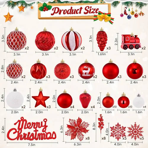 Vista 6 de Ktinnead Juego de 94 piezas de decoración para árbol de Navidad, adornos rojos inastillables para colgar en el árbol de Navidad con flores de pascua