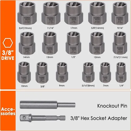 Vista 2 de THINKWORK Kit extractor de pernos, juego de 18 piezas de enchufes extractores de tuercas, removedor de pernos redondeados de 3/8 pulgadas