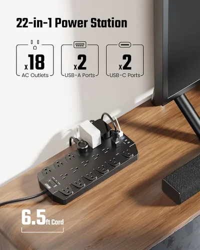 Vista 2 de SUPERDANNY Lámpara LED de escritorio con 18 tomas de corriente, protector de sobretensiones con puertos USB, cable de extensión resistente
