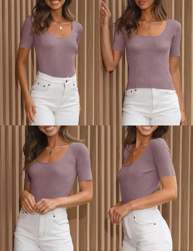Vista 5 de ZESICA Women's 2024 Short Sleeve Square Neck T Shirts Slim Fitted Summer Ribbed Knit Basic Casual Tee Tops