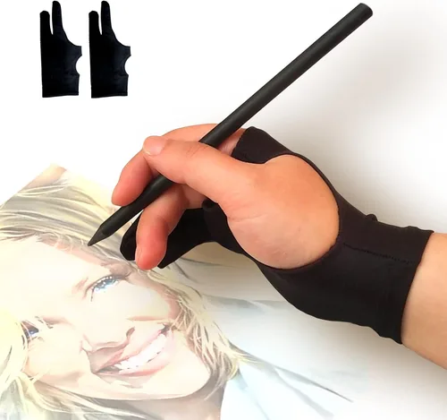 Vista 8 de Guante de dibujo, guante de arte digital de rechazo de palma de 3 capas para tableta gráfica, guantes de artista con dos dedos para iPad, bocetos