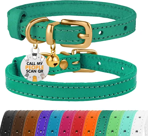 Vista 20 de BRONZEDOG Collar de cuero para gato con campanas extraíbles sin liberación rápida, etiqueta QR para gatito para niña y niño