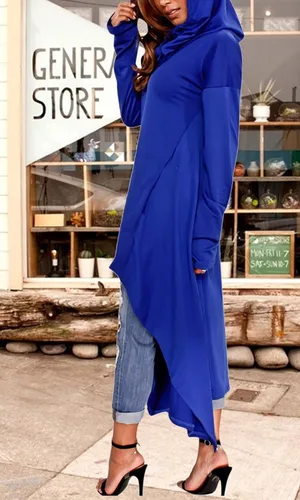 Vista 2 de Vestido para mujer, holgado y casual, de manga larga, estilo sudadera con capucha y dobladillo asimétrico