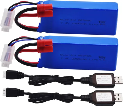 Vista 2 de Batería y cargado con conector plátano Blomiky, 2 uds, 7.4 V, 2000 mAh, para SYMA X8C X8W X8G X8HD X8HW X8HG 506HG JXD 506G Holy HS300 HS400
