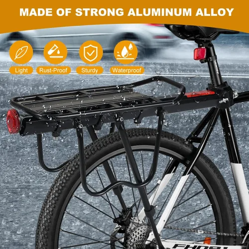 Vista 4 de Rear Bike Rack, Aluminum Alloy, Black, 160 lbs Load Capacity, Quick Release, Cycling Camping Touring