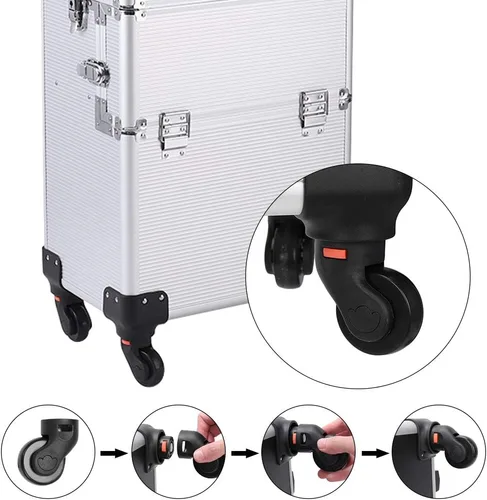 Vista 2 de Flandre Estuche de aluminio 3 en 1, organizador de cosméticos de belleza, caja de viaje de maquillaje, caja de tren con ruedas, bandejas plegables
