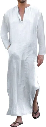 Vista 13 de Jacansi - Bata de cuello en V para hombre, manga corta, división lateral, caftán de algodón, thobe largo, tallas S-3XL Púrpura-gris #1