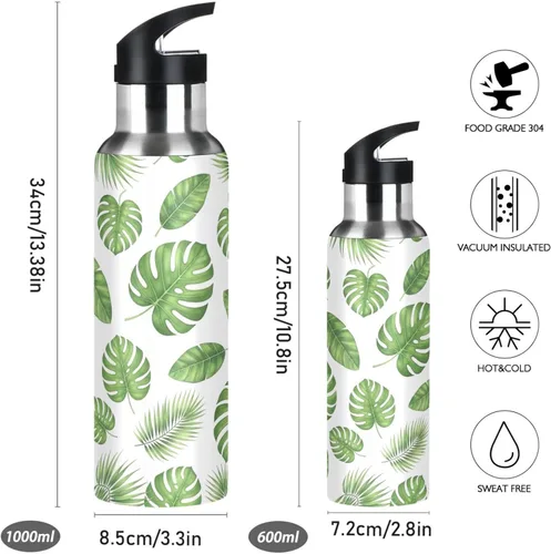 Vista 2 de Green Tropical Leaves Insulated Water Bottle 32 Oz, BPA-Free Sport Water Bottle Insulated Leakproof Water Bottles