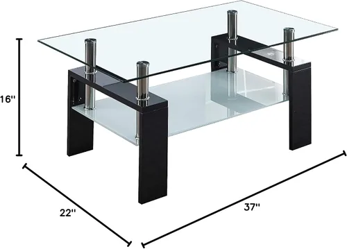 Vista 3 de Mesa auxiliar rectangular de vidrio, moderna mesa de centro transparente con estante inferior, patas de madera, mesa auxiliar auxiliar para sala