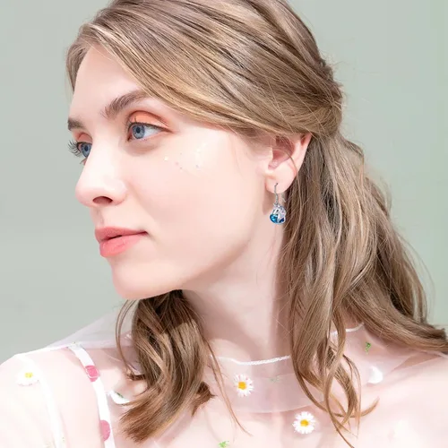 Vista 3 de Aretes de unicornio de plata de ley 925, hipoalergénicos, aretes colgantes de cristal azul, joyería de regalo de unicornio para mujeres y niñas