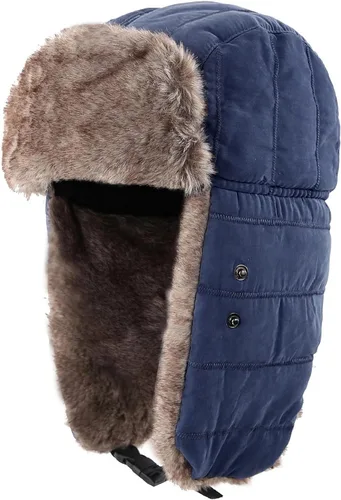 Vista 2 de Connectyle Sombrero de trampero para hombre, cálido sombrero de invierno con máscara facial extraíble, orejeras, piel sintética, sombrero de caza al
