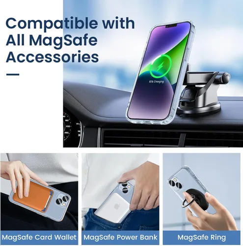 Vista 3 de VEGO Funda para iPhone 13 y iPhone 14, con imanes integrados, parte trasera de policarbonato duro transparente + funda delgada de TPU suave
