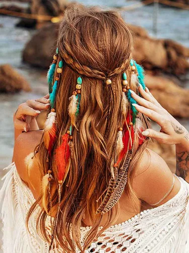 Vista 3 de GORTIN Diadema de plumas bohemias, tocado hippie, disfraz indio gitano, accesorio bohemio para el cabello para mujer (A-azul + rojo)