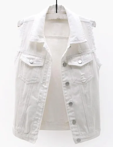 Vista 3 de Locachy Chaleco de mezclilla casual para mujer, ajustado, sin mangas, rasgados
