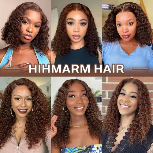 Vista 6 de Pelucas de cabello humano rizado marrón chocolate con encaje frontal, prearrancadas de 13 x 4 pulgadas, pelucas de encaje frontal HD de onda