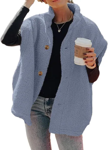 Vista 21 de Hongqizo - Chaleco de forro polar mullido para mujer, casual, de gran tamaño, cálido, con botones, chaqueta de sherpa con bolsillos