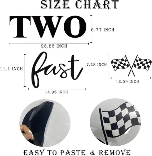 Vista 2 de Letrero con texto en inglés «Two Fast Birthday» para telón de fondo, calcomanías temáticas de auto de carreras, 2 decoraciones de cumpleaños