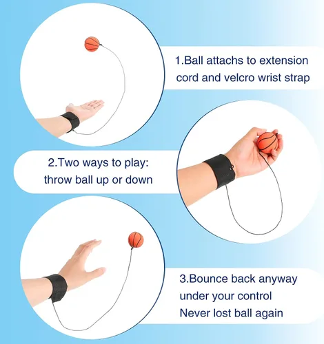 Vista 5 de Skylety 6 Pcs Wrist Ball Return Ball on a String with Strap Wristband Sports Rubber Toy Includes Basketball, Baseball and Football for Boys Girls