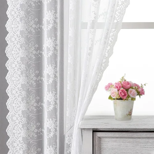 Vista 11 de Kotile - Cortinas de encaje beige de 45 pulgadas de largo para ventanas de cocina, 2 paneles, cortinas de encaje floral de vid traslúcidas