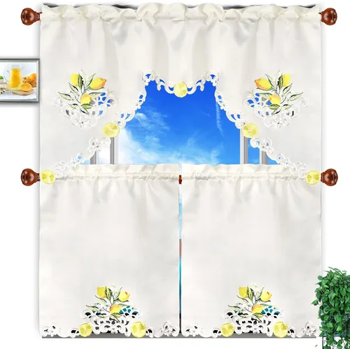 Vista 12 de Juego de cortinas bordadas de bastón de caramelo para ventana de cocina con cenefa y niveles para las fiestas navideñas (Bastón de caramelo)