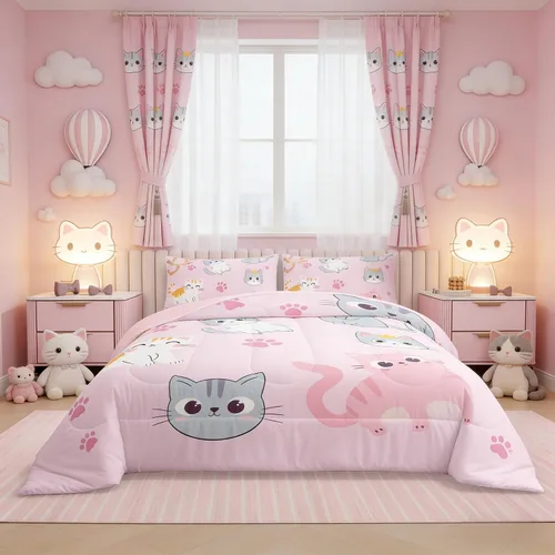 Vista 4 de Erosebridal - Juego de edredón para niños tamaño individual con diseño de gatos coloridos; juego de ropa de cama para niñas estilo Kawaii Patrón 38