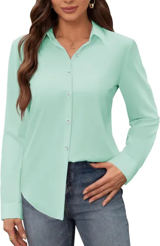 Vista 28 de Siliteelon - Camisas de vestir para mujer, a prueba de manchas, sin arrugas, de manga larga, sólidas, para trabajo y negocios, con botones