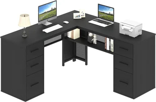 Vista 9 de HSH Escritorio negro en forma de L con cajones, escritorio de esquina con Roble negro