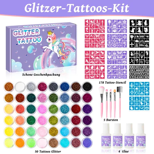 Vista 2 de Kit de tatuajes temporales con purpurina para niños, 48 colores de purpurina, 178 plantillas, 4 pegamento, 5 pinceles, kit de purpurina para adultos