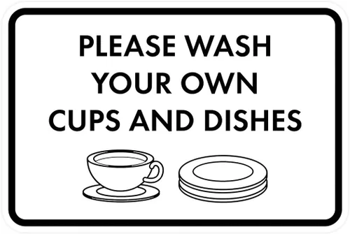 Vista 23 de Letrero clásico enmarcado con texto en inglés «Please Wash Your Own Cups and Dishes» (negro)