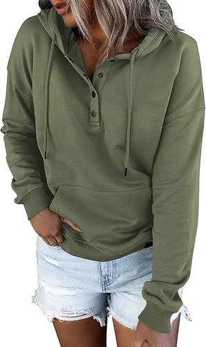 Vista 48 de Sudaderas con capucha para mujer, con cuello de botón, sin botones, con cordón, manga larga, lindas, ropa para adolescentes y niñas