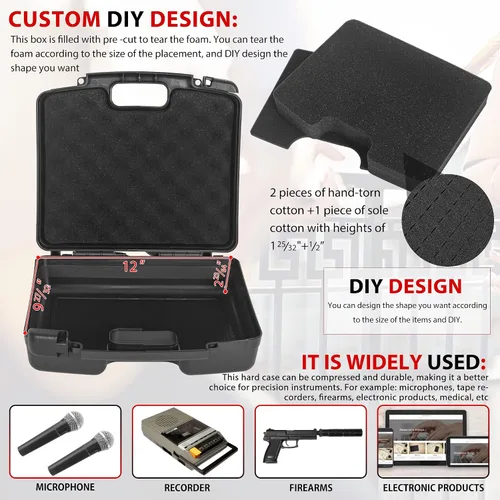 Vista 2 de Estuche rígido portátil de 12.2" x 9.85" x 3.77" con espuma cortada en cubos personalizable, protege equipos, electrónicos, herramientas