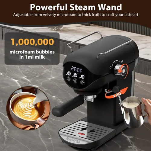 Vista 4 de Cafetera Espresso con espumador de leche a vapor semiautomática de 20 bares, diseño compacto en negro con interruptor de palanca para café espresso