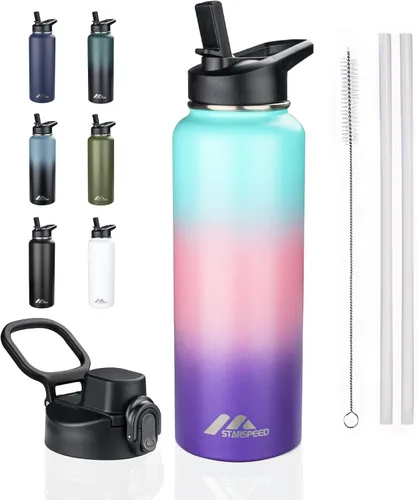 Vista 32 de StarSpeed Botella de agua aislada de 32 onzas con tapa con pajilla, botella de agua al vacío de doble pared de acero inoxidable, botella de agua