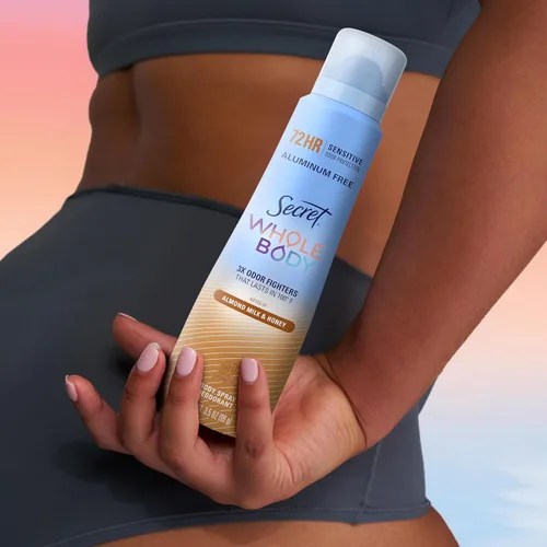 Vista 8 de Secret Desodorante en aerosol para todo el cuerpo para mujer, aroma a leche de almendra y miel, desodorante sin aluminio, protección contra olores