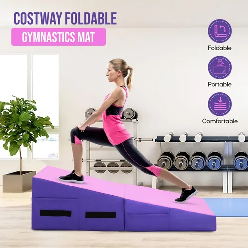 Vista 2 de Colchoneta de gimnasia inclinada, esterilla de yoga para gimnasio en casa, alfombrilla de ejercicio plegable con superficie de poliuretano Rosado