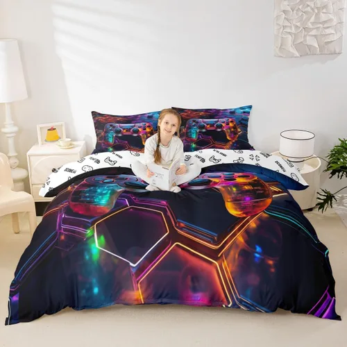 Vista 19 de Juego de funda de edredón con diseño de videojuegos para niños, tamaño individual, negro y azul a cuadros, juego de ropa de cama moderna