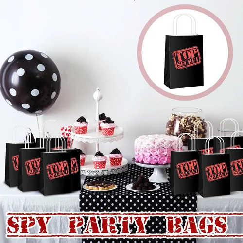 Vista 4 de Lincia 20 bolsas de regalo de espías Top Secret para fiesta, agente secreto misterioso, bolsas de papel kraft con asas, temática de espía